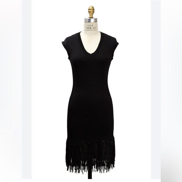 Ralph Lauren Black Lamb Leather-Fringe Silk Knit Sheath Dress - Picture 12 of 16